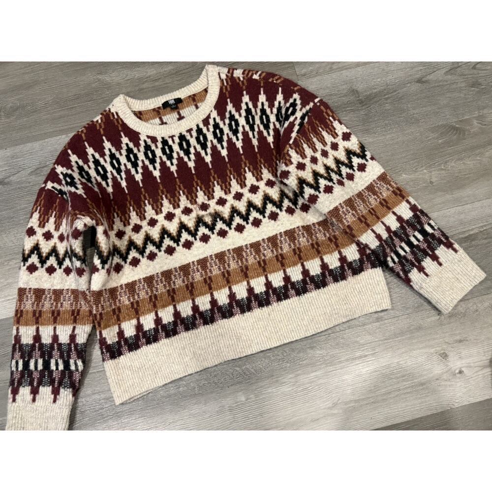 Frye - women’s fair Isle crewneck long sleeve sweater top brown beige SZ L